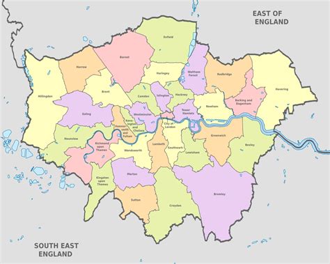 Map of London 32 boroughs & neighborhoods.
